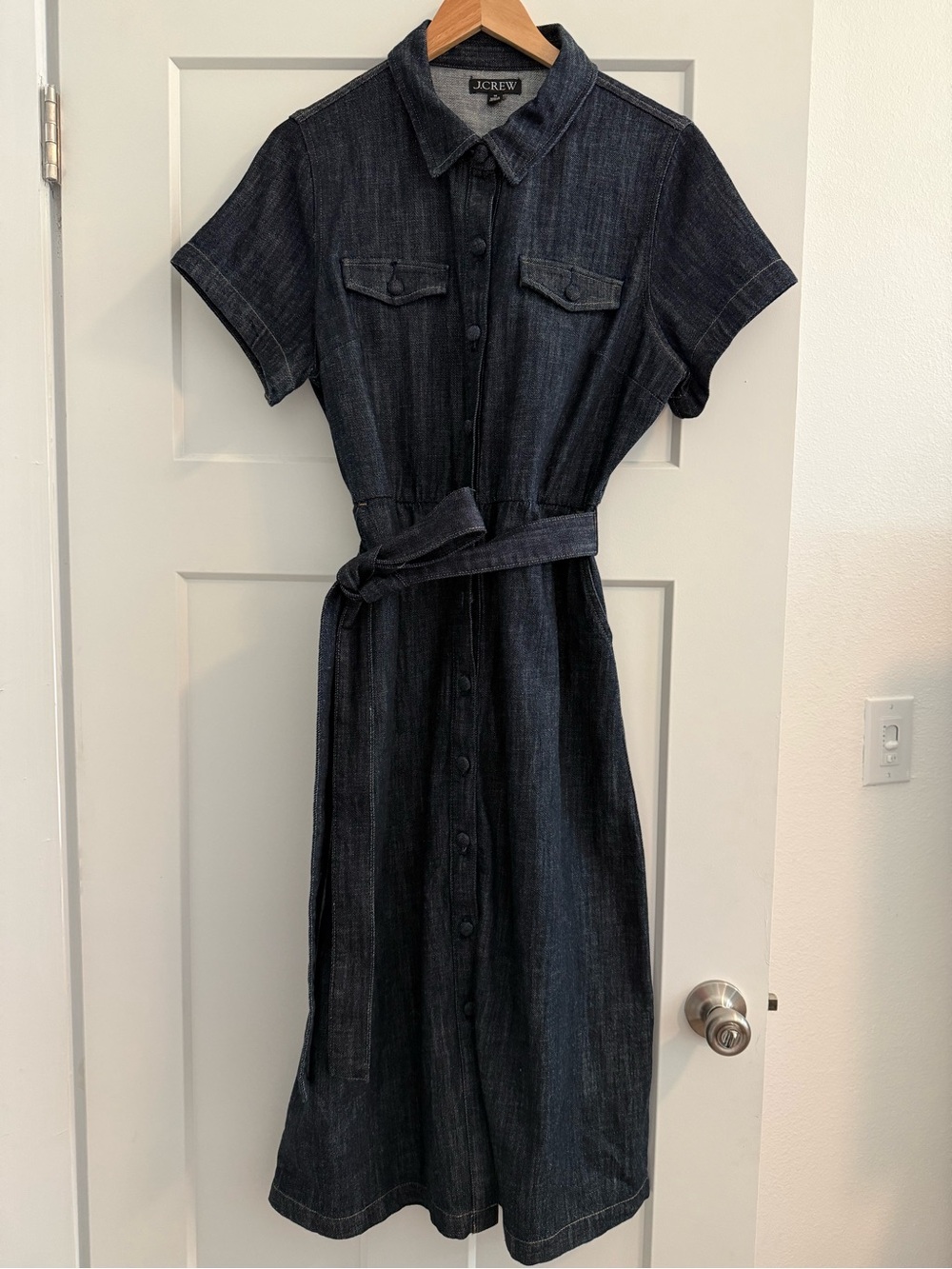 J. Crew Dark Indigo Denim Midi Shirt Dress with Waist Tie